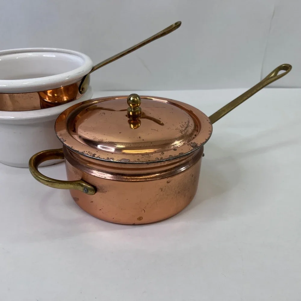 Vintage Copper Clad Double Boiler Porcelain Insert Brass Handles Outeiro 889